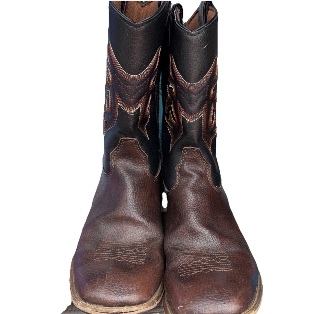 Austin Trading Company Boys Boots Size 5 Brown Square Toe Feather Pattern Cowboy - Picture 4 of 8